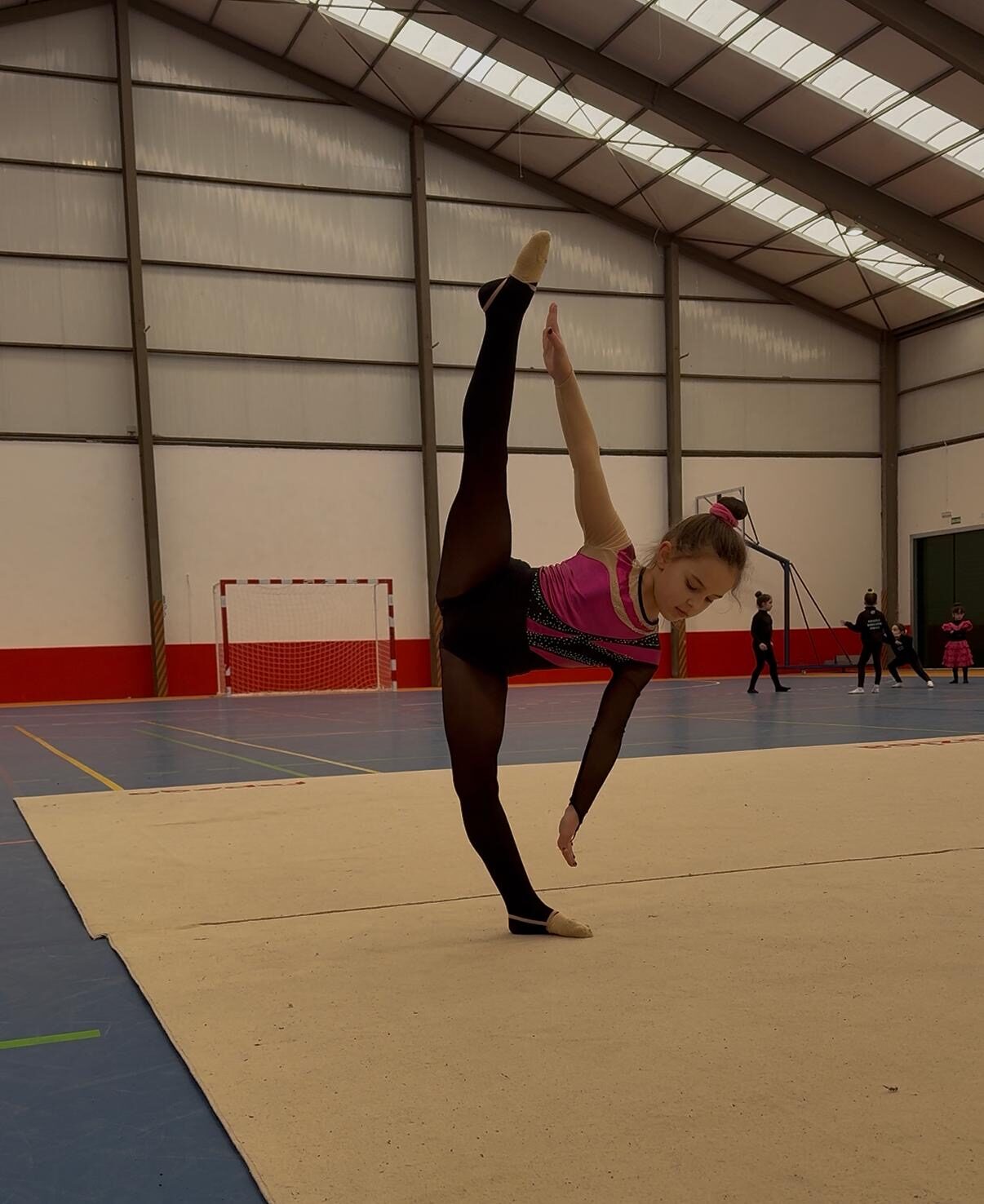 Ximnasta realizando un elemento de flexibilidade no pavillón